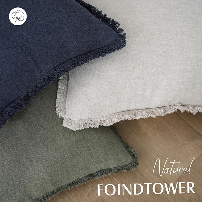 Foindtower Decorative Linen Fringe Throw Pillow Covers Cozy Boho Farmhouse Cushion Cover with Tassels Soft Accent Pillowcase for Chair Sofa Bed Living Room Home Decor, 22×22 Inch, 1PC, Navy Blue