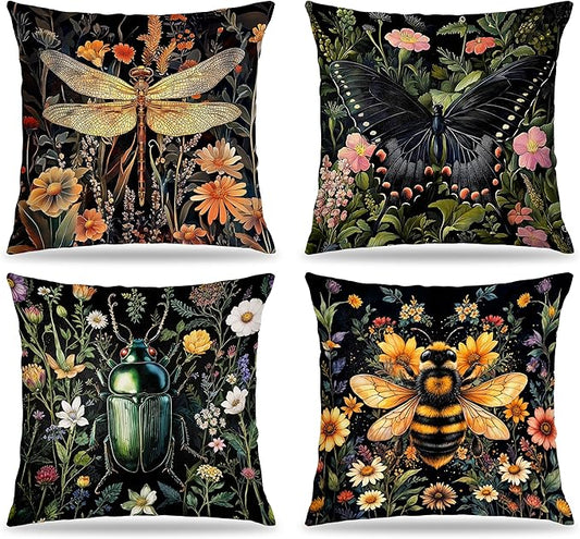 William Morris Inspired Dragonfly Bee Pillow Covers 18x18 Double-Sided Set of 4,Insect Gifts for Women,Vintage Dark Cottagecore Floral Botanical Insects Decorative Throw Pillow Covers for Home