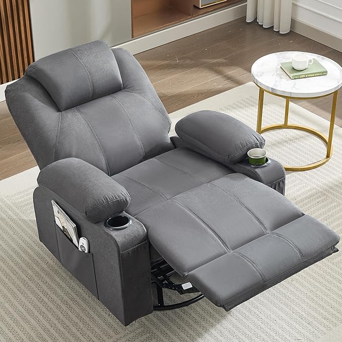 Oversized Swivel Rocker Recliner Chair with Heat and Massage, 360 Degree Swivel Rocking Single Sofa with Cup Holders and USB Port, Big Large Recliner Chair for Living Room (Fabric, Darkgrey)