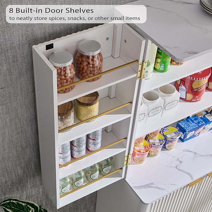 OKD Fluted Kitchen Pantry, 72" Tall Mid Century Modern Storage Cabinet with Adjustable Shelves & Door Organizer, Wood Cabinet for Kitchen, Living Room, Solid White