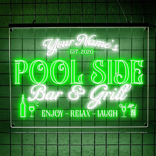 Personalized Pool Side Bar & Grill Neon Sign, Custom LED Name Sign for Backyard, Patio, Outdoor Bar, Tropical Pool Decor, Gift for Summer Fun Lovers