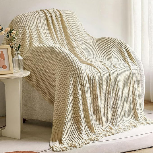 Blagic Knitted Throw Blanket for Couch,Soft Farmhouse Boho Fall Throw Blanket with Tassels,Home Decorative Lightweight Throw Blankets,Beige Throws for Bed/Chair/Sofa, 60" W x 80" L