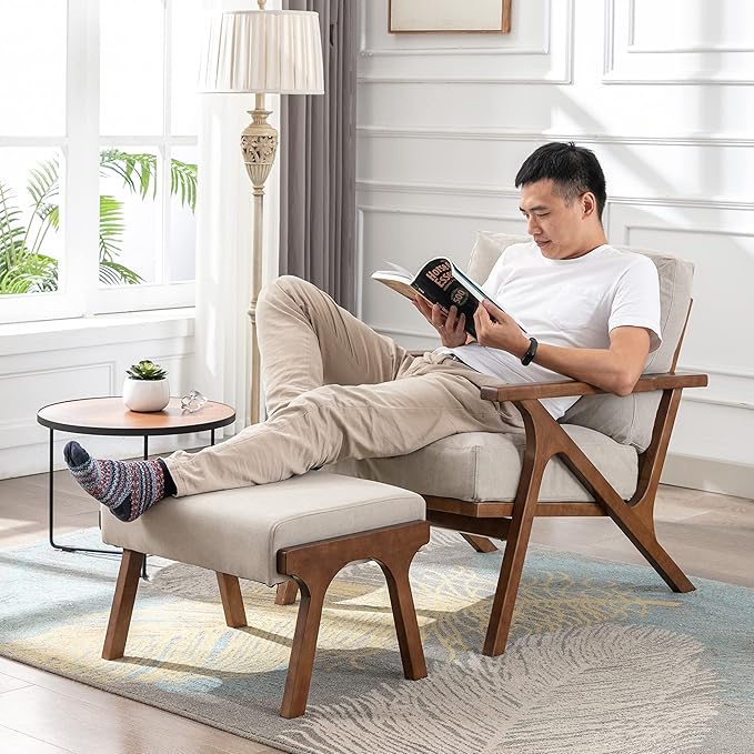 chairus 2 Sets Mid-Century Modern Accent Chairs with Ottoman, Linen Fabric Armchair with Wood Legs Comfy Upholstered Single Sofa Chair for Living Room/Bedroom/Lounge, Beige