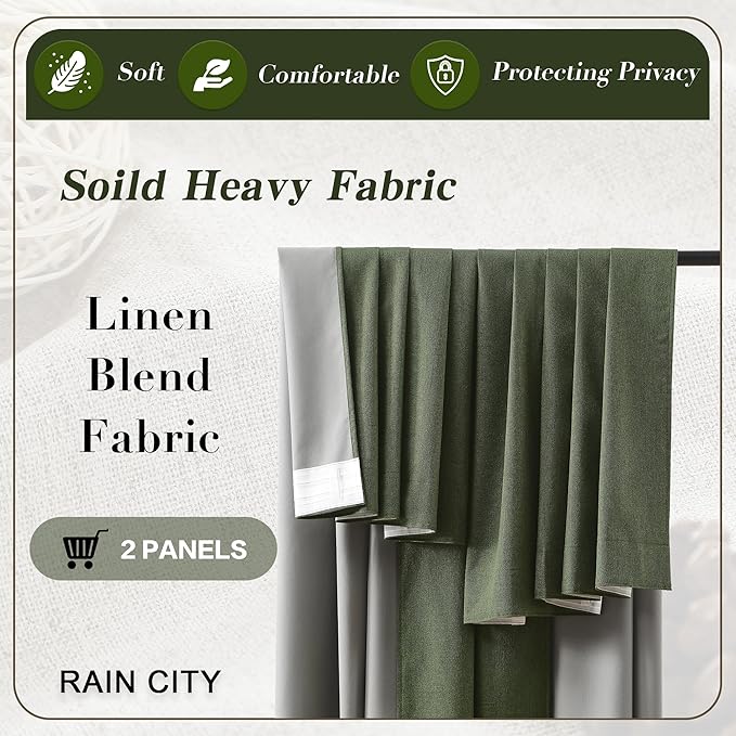 RAIN CITY Extra Wide Linen Blackout Curtains & Drapes with Hooks 70 in Width for 60&72 Inch Window 2 Panels,Back Tab Pleated Curtains for Track System Sliding Glass Door 70x96,Loden Olive Green