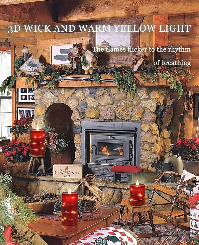 Red flameless Candles with Remote Control Timer Battery Operated LED Pillar Candles 4‘’ 5‘’ 6‘’ Fake Candles with String Lights Set of 3 for Christmas or Special Festivals Decorations