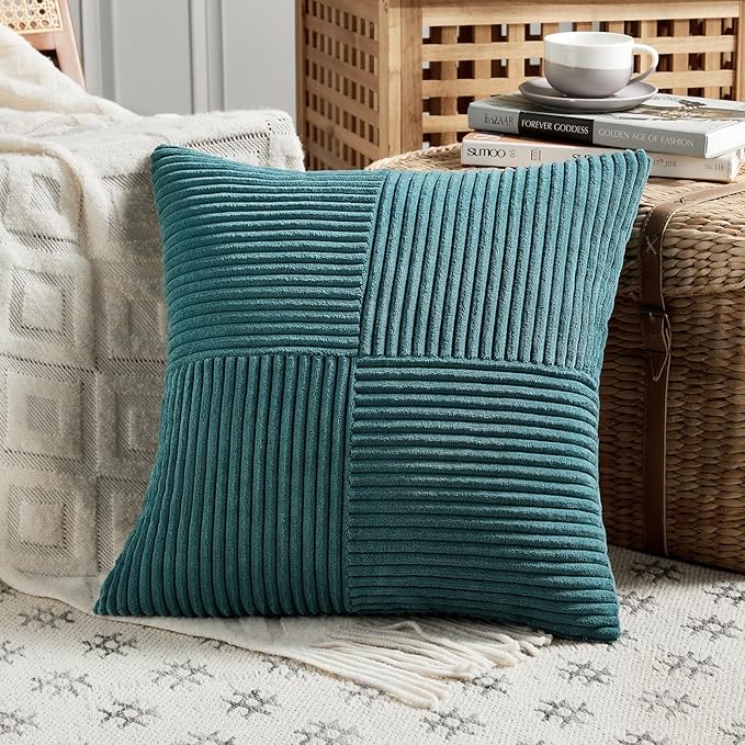 Fancy Homi 2 Packs Teal Euro Decorative Throw Pillow Covers 26x26 Inch for Living Room Couch Bed, Rustic Farmhouse Boho Home Decor, Soft Corss Corduroy Patchwork Textured Square Cushion Case 66x66 cm