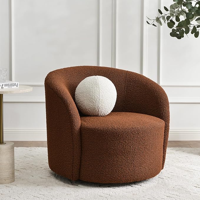 KINWELL Sherpa Swivel Barrel Chair & Round Ball Pillow Set - 34" Wide Modern Boucle Accent Chair with 9” Matching Nordic Decorative Throw Pillow for Living Room and Bedroom(Brown)