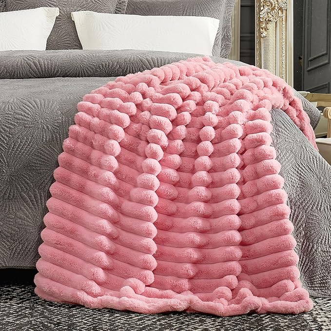 Cozy Bliss Faux Fur Throw Blanket for Couch, Cozy Warm Plush Striped Blanket for Sofa Bedroom Living Room,50 * 60 Inches Hot Pink