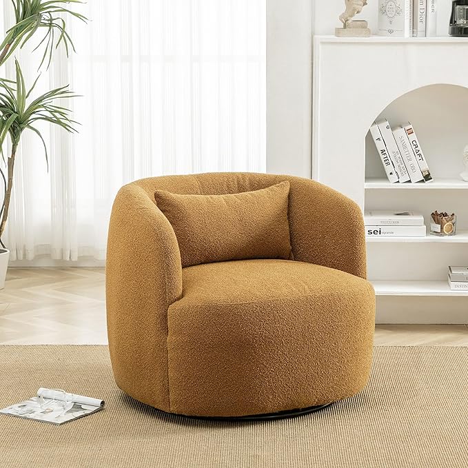 KINWELL 34" Wide Boucle Swivel Barrel Chair, No Assembly Round Upholstered Armchair Accent Chair Single Sofa Chair with Toss Pillow for Living Room and Bedroom, Brown