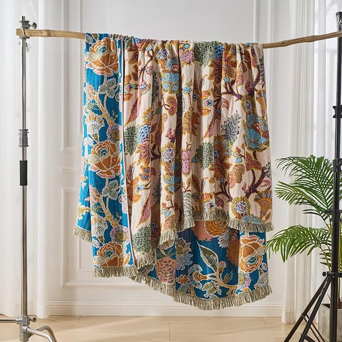 Boho Throw Blanket for Bed, Lightweight Reversible Summer Quilt, Cotton Blanket, Queen Size Boho Floral Bird Colorful Retro Quilt Ultra Soft Reversible Gauze Blanket for All Season, 80"x90"