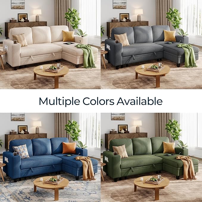 LINSY HOME Sectional Sleeper Sofa with Pull Out Couch Bed - Convertible Plush Corduroy Cloud Couch with Storage Chaise & USB Charging, Comfy L Shaped Modular Couches for Living Room Apartment, Blue