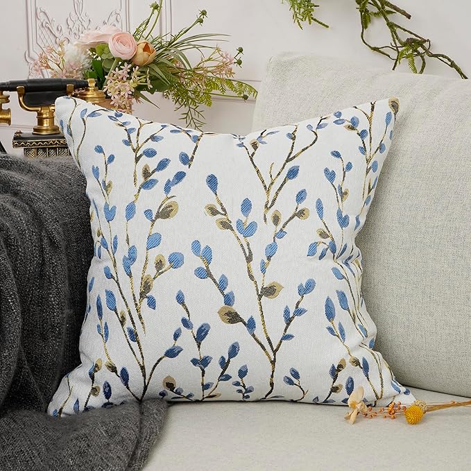 YOUR SMILE Classical Embroidery Jacquard Blue Square Decorative Throw Pillow Case Cushion Cover 18x18 inch