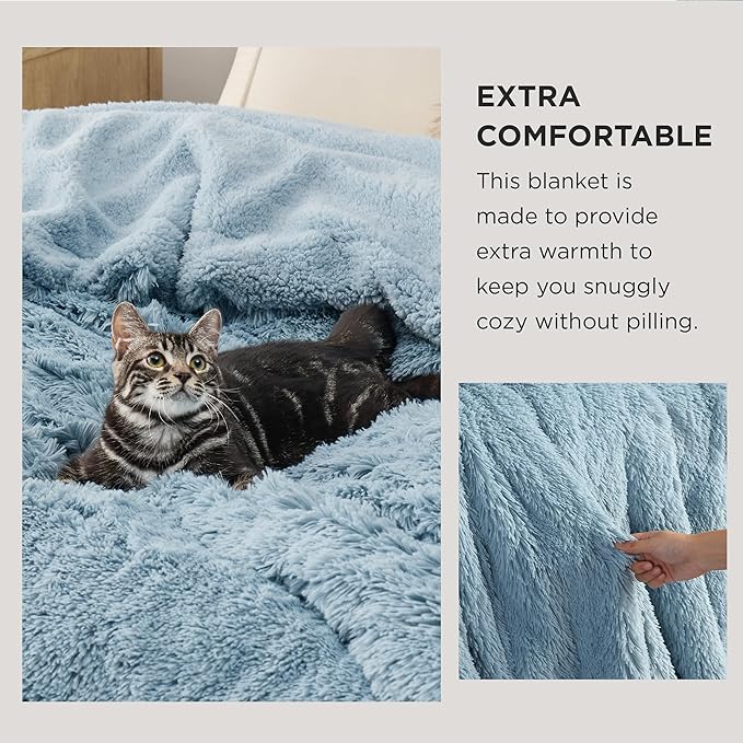 Bedsure GentleSoft Fuzzy Sherpa Faux Fur Blue Twin Blanket Cozy Gifts for Women Men, Soft Fleece Plush Warm Minky Thick Blanket Twin Size for Bed, Couch, Room Decor Dorm Essentials Blue Gifts, 60x80