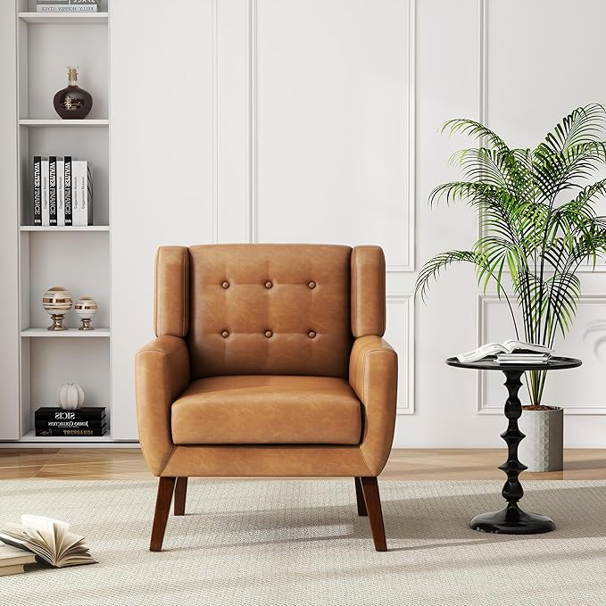 UIXE PU Leather Accent Chairs Set of 2, Modern Arm Club Chair Upholstered Armchair for Living Room, Comfy Single Sofa Seats Button Tufted Reading Seating, Brown