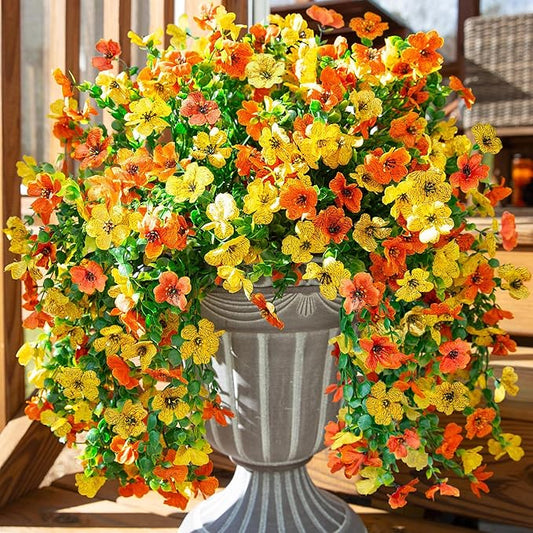 INSPRING Artificial Flowers for Outdoors Fake Mums Hanging Plants Decor, 2Pcs Silk Daisy with Eucalyptus UV Resistant Look Real Trailing Vines for Planter Front Door Patio Yard, OrangeYellow