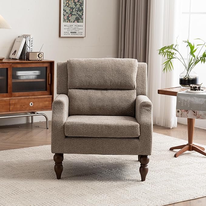Kidol & Shellder Light Brown Oversized Accent Chair for Living Room Set of 2 Modern Reading Chair with Back Upholstered Comfy Single Sofa Chair for Bedroom Lounge Side Corner Boucle Fabric Armchair