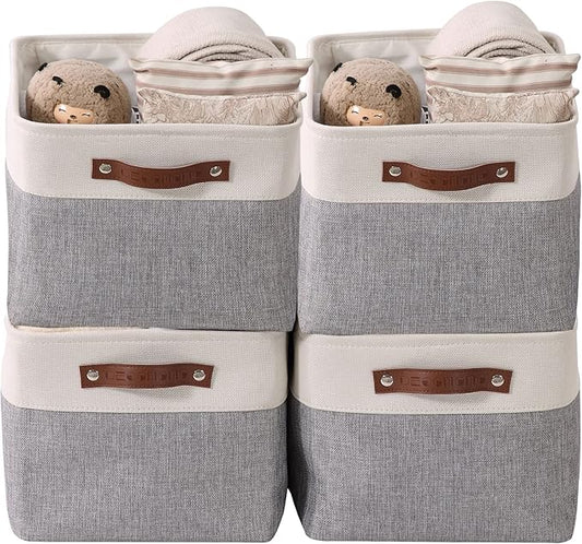 DECOMOMO Storage Baskets for Shelves - Fabric Closet Organizers and Storage Bins, Perfect Baskets for Organizing Closet Toys Nursery (Grey and White, Large - 4 Pack)