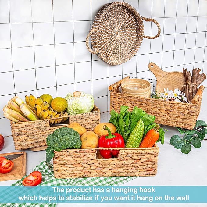 VATIMA Large Water Hyacinth Storage Baskets for Organizing with Wooden Handles for Shelves, 2 Bathroom Small Basket, Water Hyacinth Toilet Paper Baskets, Set of Natural Wicker Storage Basket for Home