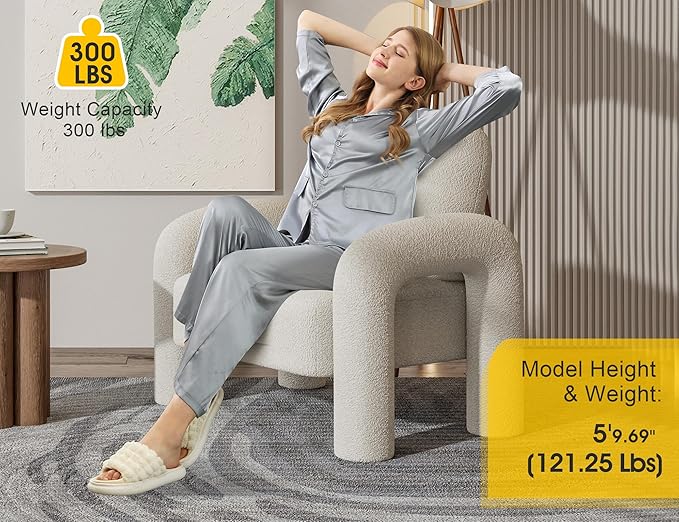 Modern Sherpa Accent Chair, Teddy Upholstered Arm Single Sofa, Cozy Fluffy Reading Chair for Living Room, Bedrooms, Corner (Cream White)