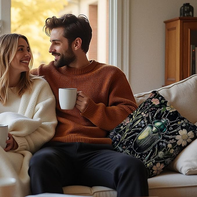 William Morris Inspired Floral Green Beetle Pillow Covers 18x18, Dark Cottagecore Botanical Wildflower Insect Decorative Throw Pillow Covers for Bedroom Living Room Home, Cottagecore Room Decor