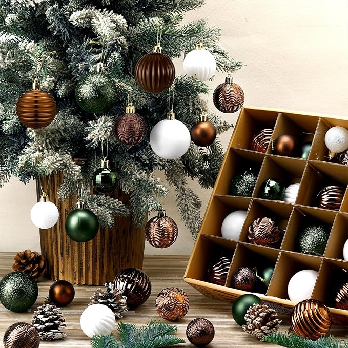 64 Pcs Neutral Christmas Ball Ornaments Brown Green White Xmas Bulbs Ornament 1.6/1.97/2.4 Inch Vintage Xmas Baubles Assorted Size Modern Christmas Decoration for Tree Holiday Indoor Home Decor