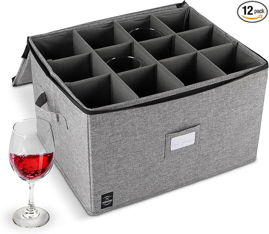 Wine Glass Storage, Holds 12 Stemware Glasses, Stackable, Fully-Padded Inside with Hard Top and Sides (Grey)