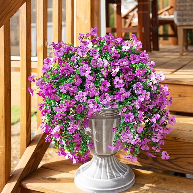 Artificial Faux Hanging Flowers Plants for Outdoor Decor, 2 PCS Outside Fake Silk Violets with Eucalyptus UV Resistant Realistic Daisy Trailing Vines for Planter Front Door Balcony Patio Yard, Purple