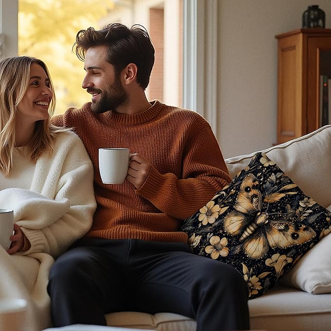 William Morris Inspired Floral Moth Pillow Covers 18x18, Dark Academia Cottagecore Botanical Floral Butterfly Decorative Throw Pillow Covers for Bedroom Living Room Home, Cottagecore Room Decor