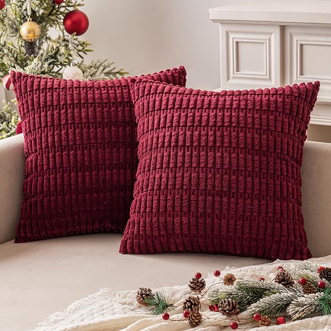 MIULEE Pack of 2 Christmas Burgundy Corduroy Decorative Euro Sham Pillow Covers 22x22 Inch Soft Boho Striped Throw Pillow Covers Modern Farmhouse Home Decor for Sofa Living Room Couch Bed