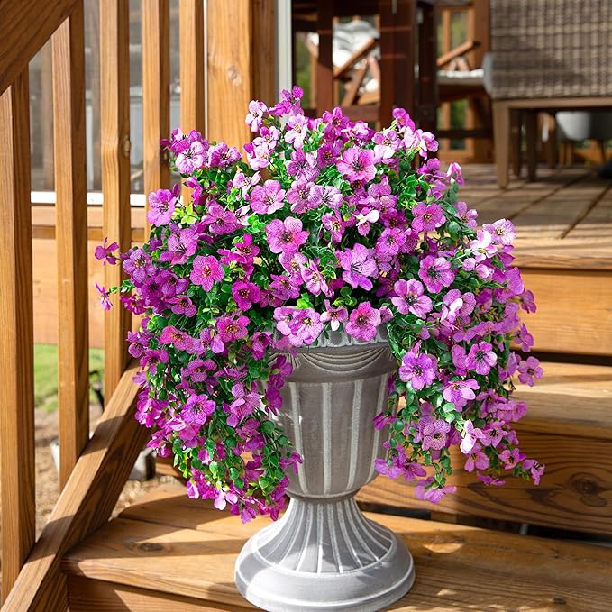 Artificial Faux Hanging Flowers Plants for Outdoor Decor, 2 PCS Outside Fake Silk Violets with Eucalyptus UV Resistant Realistic Daisy Trailing Vines for Planter Front Door Balcony Patio Yard, Purple