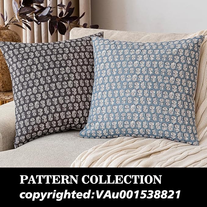 Foindtower Set of 2 Decorative Neutral Floral Print Throw Pillow Covers Vintage Accent Farmhouse Cushion Covers Boho Home Decor for Sofa Couch Chair Bedroom Living Room,24×24 Inch,Dusty Blue