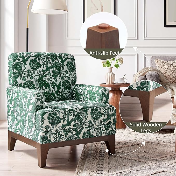 Floral Accent Armchair Set of 2, Retro Wingback Upholstered Armchair with Wide Dipped Back Design and Wooden Legs, High Back Armchair, Leisure Single Sofa Chair for Living Room, Bedroom, Green