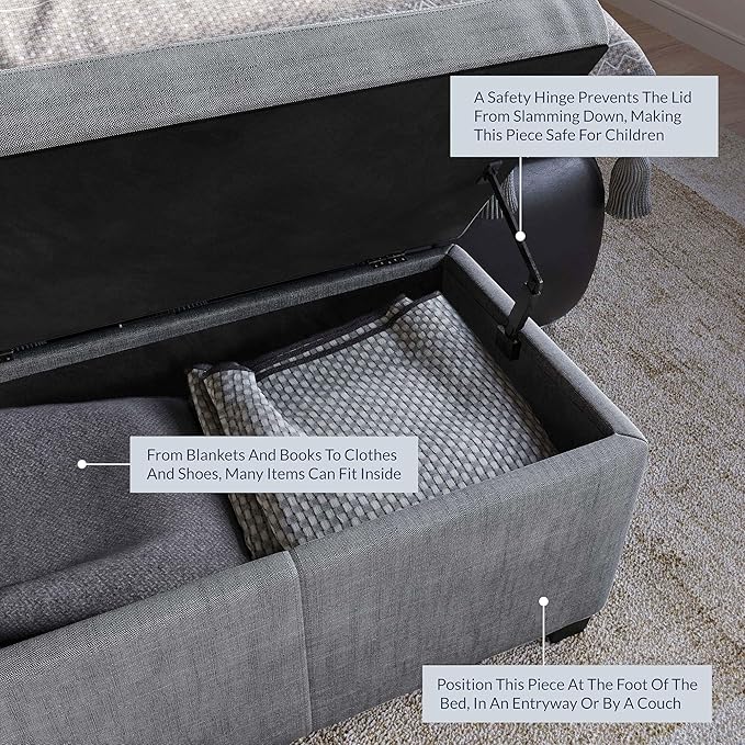 BELLEZE Storage Ottoman, 47 Inch Bench Bedroom Bench with Safety Close Hinge, Extra Long Ottoman with Storage for Living Room, Entryway, Hallway, Foot Rest, Support 300lbs - Gray