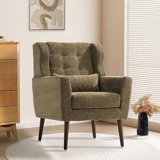 Modern Accent Chair, Upholstered Armchair with Pillow, Fabric Single Sofa Chair with Lounge Seat and Wood Legs Accent Chair for Living Room Bedroom Small Spaces (Avocado, Set of 1)
