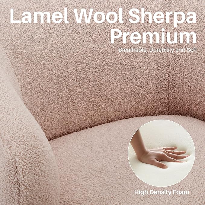 Swivel Accent Chair, Sherpa Teddy Barrel Chair for Living Room, Cozy Round Boucle Arm Chair, Metal Base for Club Nursery Bedroom, Light Blush Pink