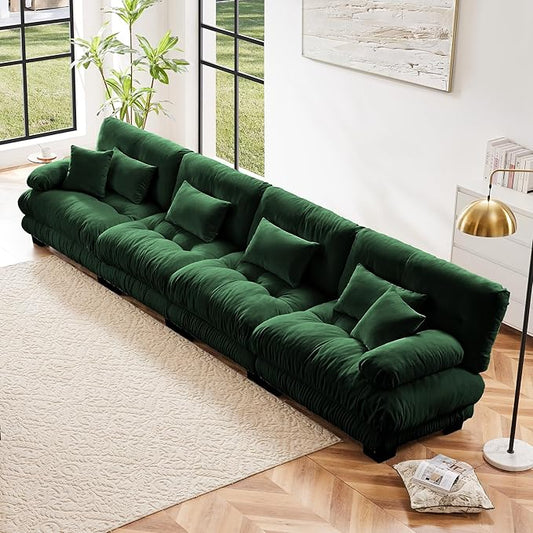 Modular Sectional Sofa, Comfy Cloud Couch 4 Seater Couch, Sectional Couches for Living Room, Modern Chenille Oversized Couches for Bedroom, Sleeper Deep Seat Sofa with Throw Pillows, Green