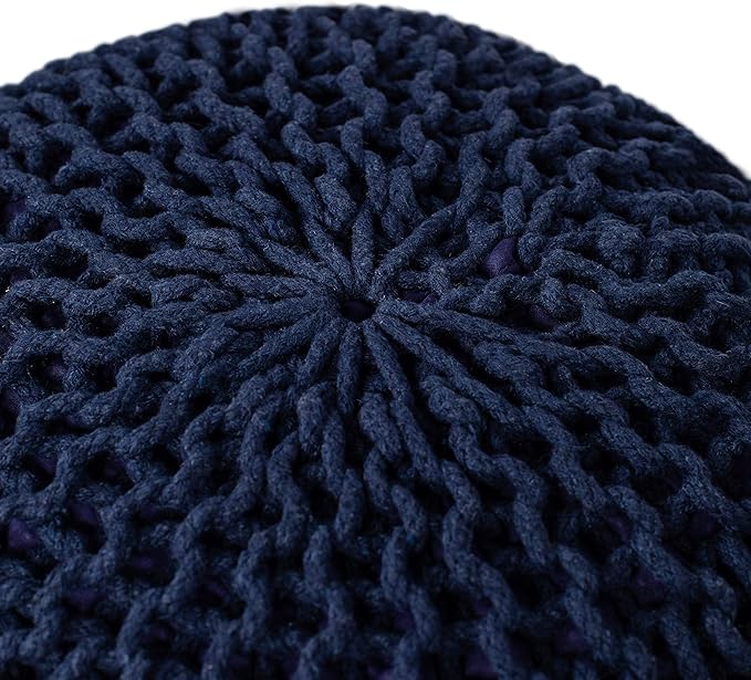 BIRDROCK HOME Round Pouf Ottoman | Cotton Braided Foot Stool with Bean Bag Filling | Boho Foot Rest for Living Room & Bedroom | Compact & Comfortable Seating, Lightweight & Soft | Navy