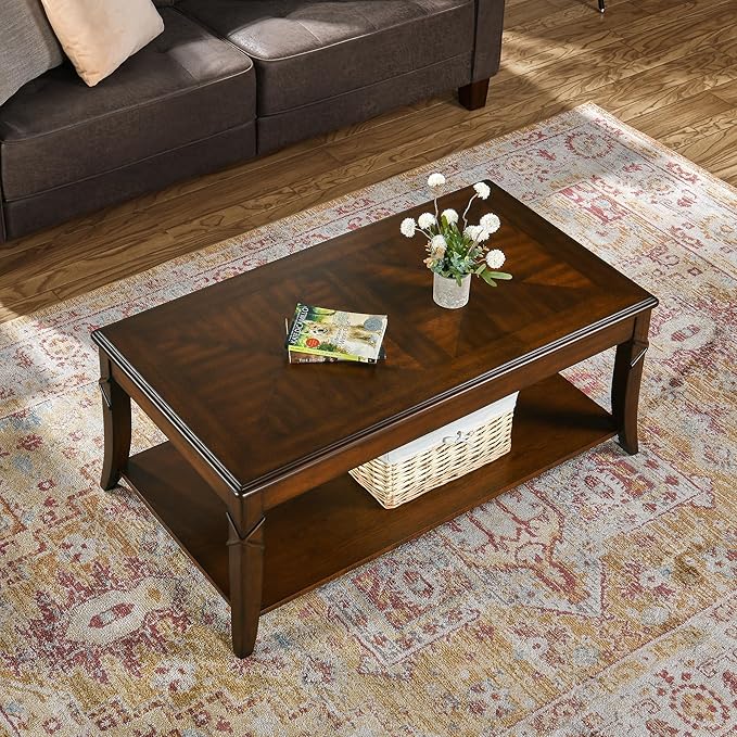 Solid Wood Coffee Table with Storage Shelf, Mid-Century Living Room Tables with Carved Tabletop and Leg, 43.3” Splicing Cocktail Center Sofa Table, Cherry Brown KFZ-DR200