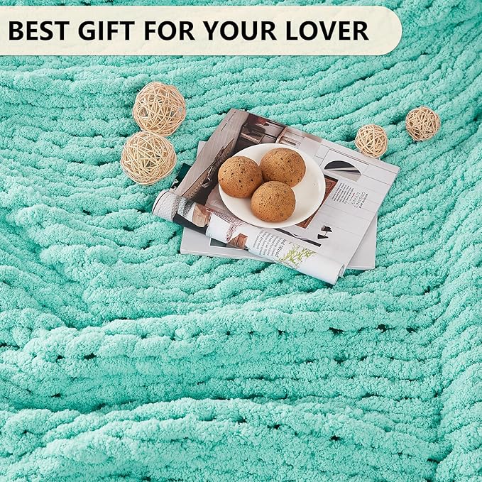 L'AGRATY Chunky Knit Blanket Throw: 50''x60'' Chenille Chunky Knitted Throw Blanket for Bed Couch - Handmade Thick Big Cable Knit Blanket - Large Crochet Rope Blanket for Home Decor(Lake Blue)