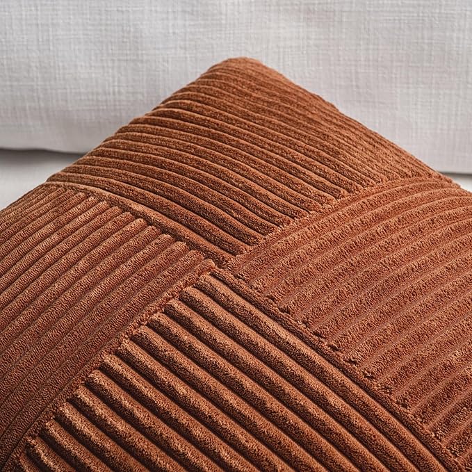 Fancy Homi 2 Packs Rust Lumbar Decorative Throw Pillow Covers 14x24 Inch for Couch Bed Sofa, Rustic Farmhouse Boho Home Decor, Soft Striped Corduroy Rectangle Accent Terracotta Cushion Case 35x60 cm