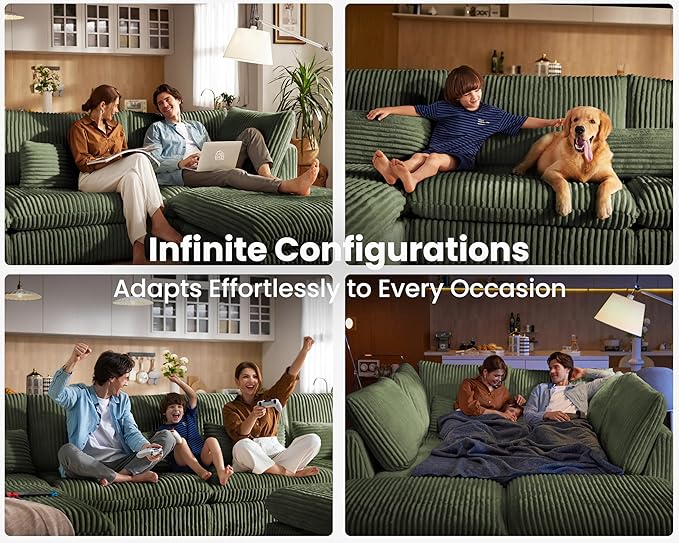 Oversized Modular Sofa, Extra Deep Cloud Corduroy Sectional Couch with Ottoman Chaise, Fluffy Corduroy 4 Seater Couch Bed for Living Room, Villa (Sofa Bed 4 Seater, Corduroy Green)