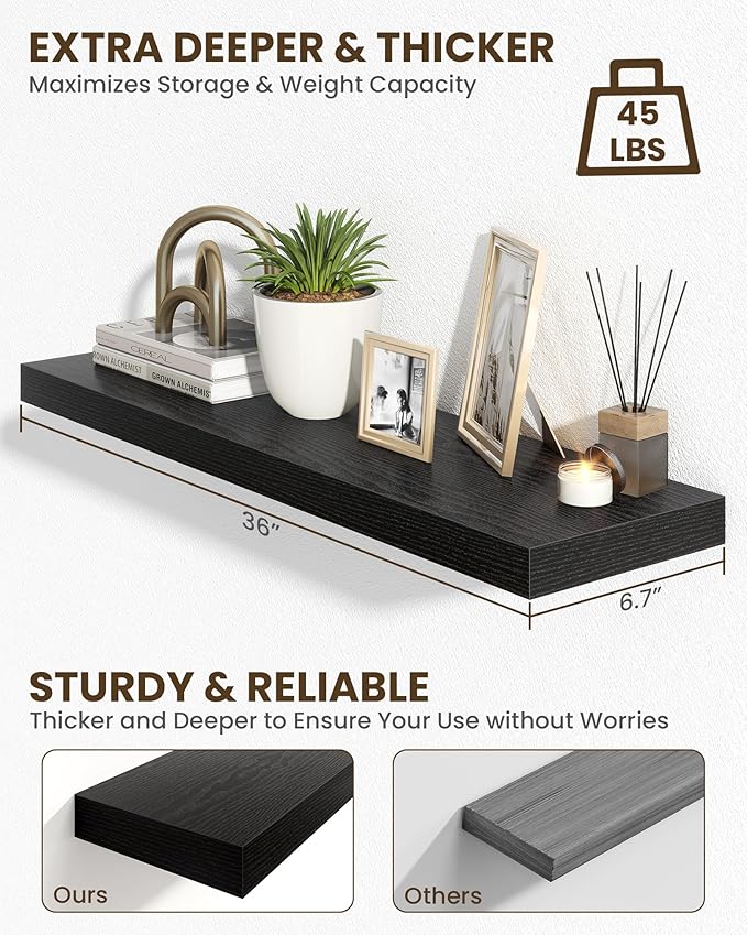 Marsmiles 36" Floating Shelves for Wall, Wooden Shelves with Invisible Brackets Set of 2, Rustic Farmhouse Wall Mounted Shelf for Kitchen Bathroom Living Room Study, Black