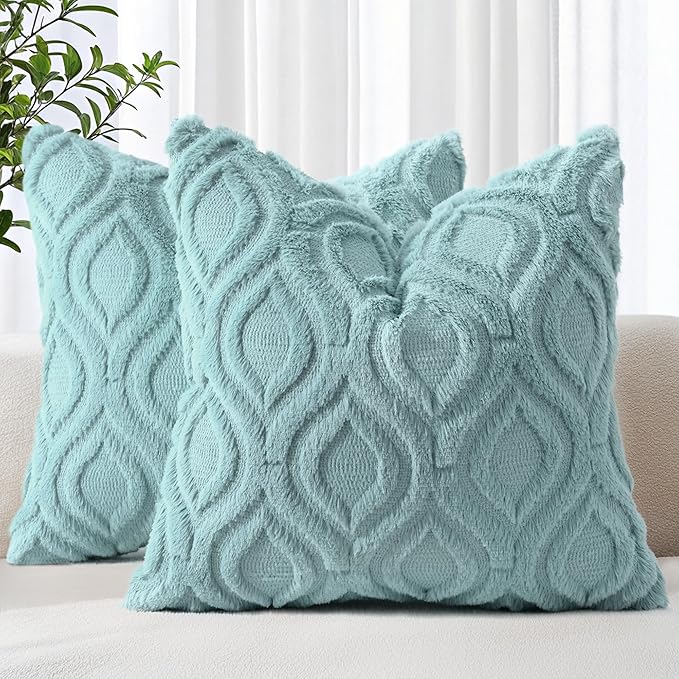 decorUhome Fall Throw Pillow Covers 18x18 Inch Set of 2, Soft Plush Decorative Faux Fur Aqua Solid Couch Pillow Covers, Accent Farmhouse Neutral Square Euro Pillow Cases for Sofa Bed Living Room
