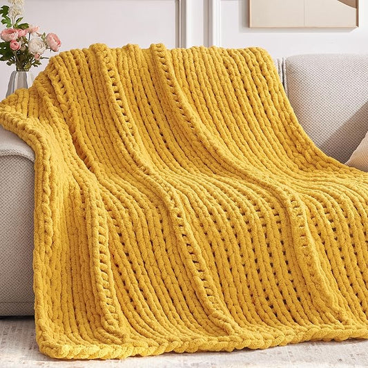 Chunky Knit Throw Blanket, 40''*50'' Knitted Throw Chenille Yarn for Bed Couch, Handmade Yellow Crochet Big Thick Blanket, Machine Washable Cute Comfy Blanket for Home Decor