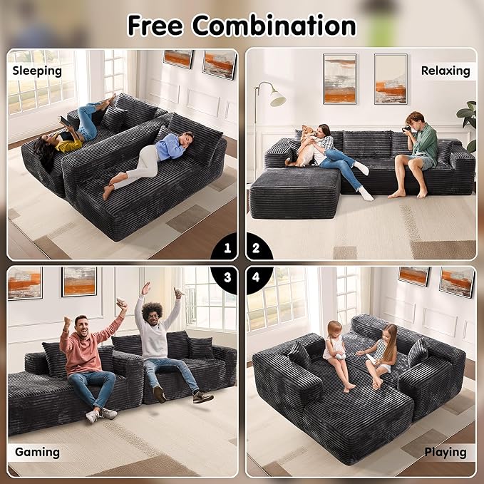 ovios 104" Cloud Sectional Couch with L-Shape Chaise,Modern Modular Sofa with Deep Seat, Upholstered Couches for Living Room Bedroom,No Assembly Required, Grey (Plush Corduroy Fabric)