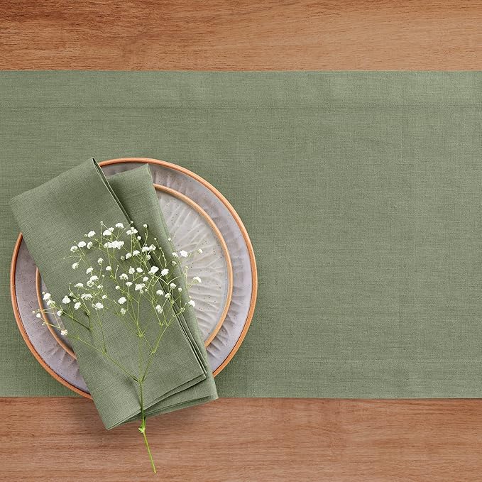 Solino Home Linen Oil Green Table Runner 132 Inches Long - 100% Pure Linen Extra Long Table Runner 14 x 132 Inch for Fall, Autumn, Thanksgiving - Fete