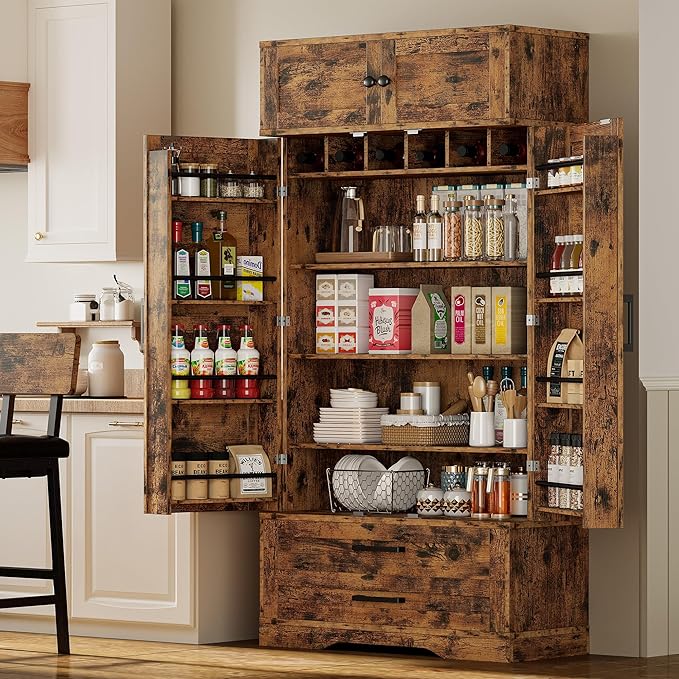 IRONCK Kitchen Pantry 72" Height, with 8 Hanging Shelves, 2 Drawers and Open Storage Cabinet, Freestanding Cupboard for Dining Room Living Room,Vintage Brown