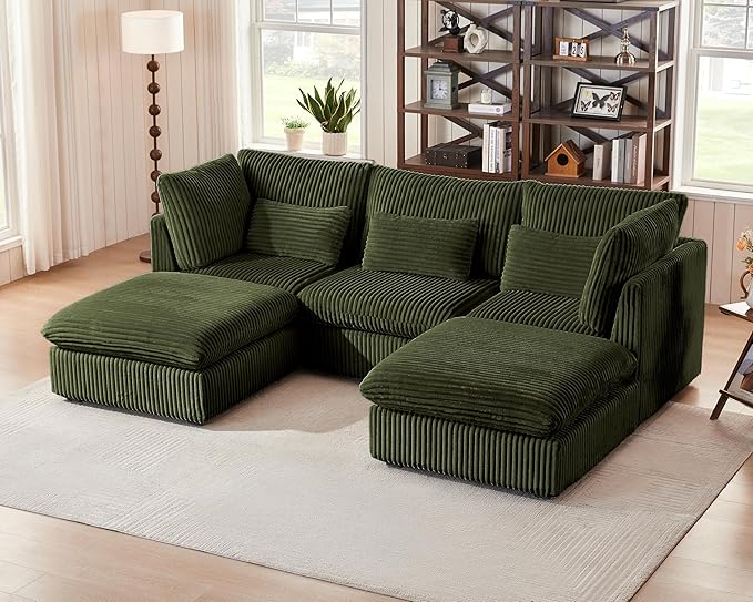 Oversized Modular Sofa, Extra Deep Cloud Corduroy Sectional Couch with Ottoman Chaise, Fluffy Corduroy 5 Seater Sofa Bed for Living Room, Villa (U Shape 5 Seater, Corduroy Green)