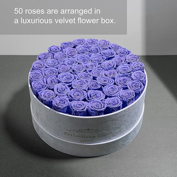 50 Piece Roses in a Velvet Box, Flowers for Delivery, Presereved Flowers Birthday Gifts for Women Mom and Wife (Light Purple)