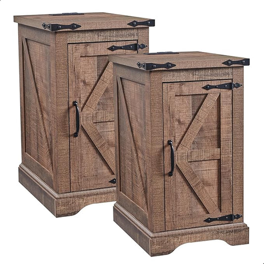 JXQTLINGMU Farmhouse Nightstand Set of 2 with Charging Station, 17"D Rectangular End Table with Barn Door & Adjustable Storage Shelf, Wood Rustic Sofa Side Table for Living Room, Bedroom, Light Brown